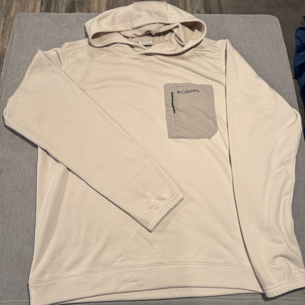 Columbia Mens Tan Hooded Pullover Fleece Lined Zipper Chest Pocket Size Large